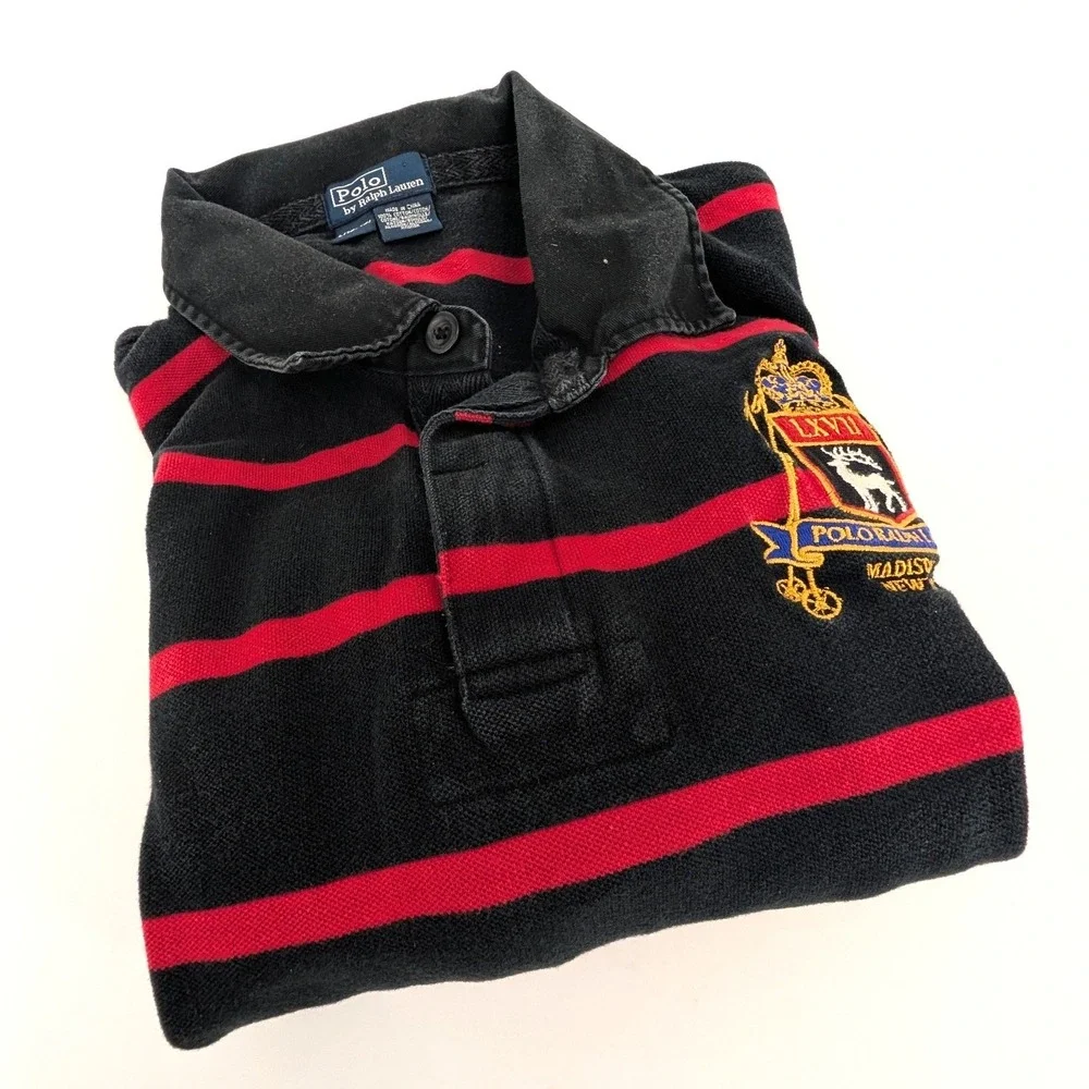 Polo Ralph Lauren Rugby Shirt Striped Crest Long Sleeve‎ Black Red Kids L 16/18